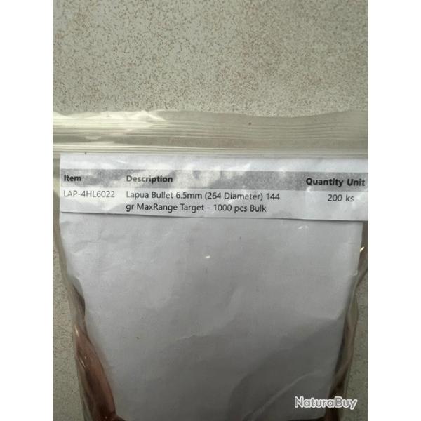ogives 264 Lapua 6.5. 144 grs Max Range Target GB 582
