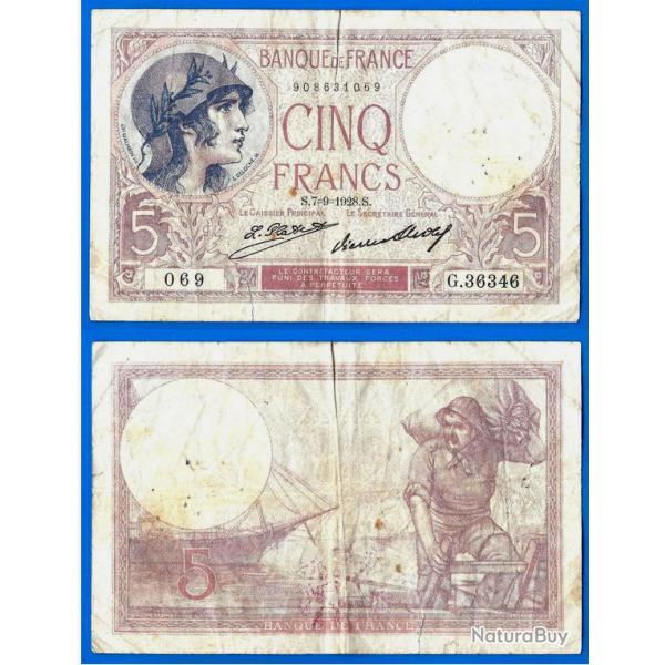 France 5 Francs 1928 7 Septembre Violet Billet Franc Frcs Frc Frs