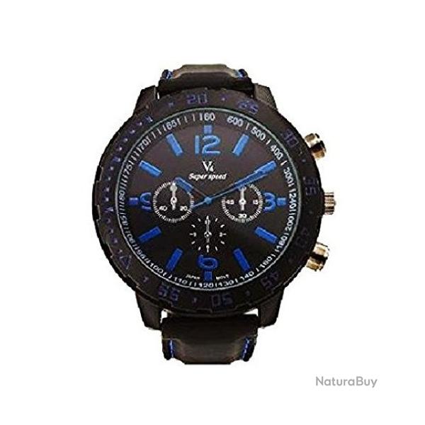 Montre Sport Style Chronographe Plong�e Cadran Profond Bleu Boitier Massif Bracelet Silicone Noir
