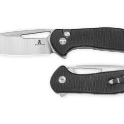 Couteau Bestechman Whalefin Lame Drop Point Acier D2 Satin Manche G10 Noir Button Lock BTKMK18A