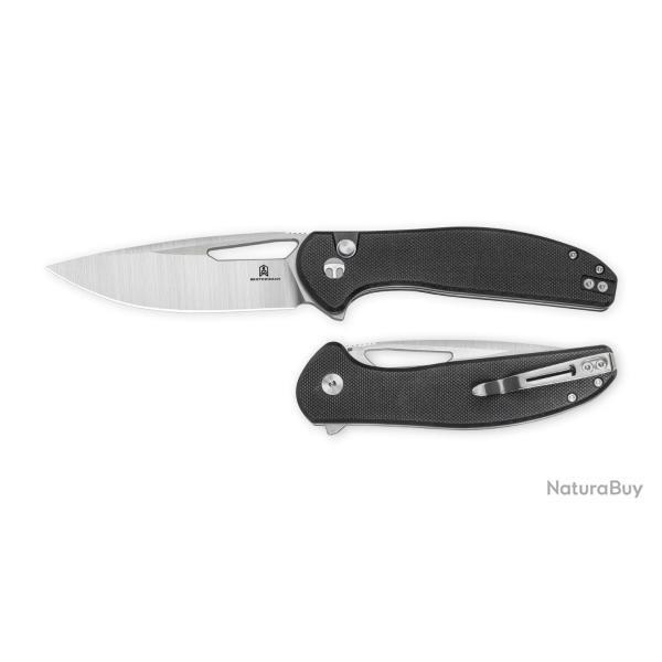 Couteau Bestechman Whalefin Lame Drop Point Acier D2 Satin Manche G10 Noir Button Lock BTKMK18A
