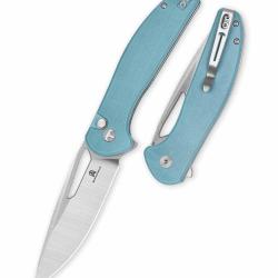 Couteau Bestechman Whalefin Lame Drop Point Acier D2 Satin Manche G10 Bleu Button Lock BTKMK18B