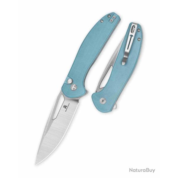 Couteau Bestechman Whalefin Lame Drop Point Acier D2 Satin Manche G10 Bleu Button Lock BTKMK18B