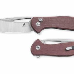 Couteau Bestechman Whalefin Lame Drop Point Acier D2 Satin Manche G10 Brown Button Lock BTKMK18C