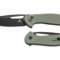 Couteau Bestechman Whalefin Lame Drop Point Acier D2 Manche G10 OD Green Button Lock BTKMK18D