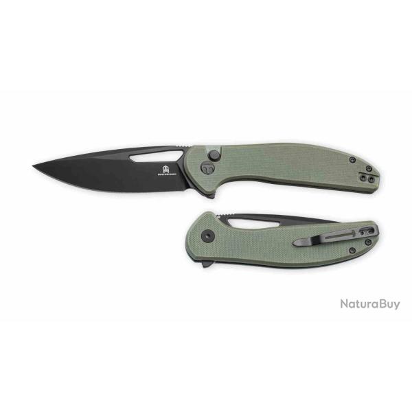 Couteau Bestechman Whalefin Lame Drop Point Acier D2 Manche G10 OD Green Button Lock BTKMK18D