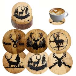 6 Sous-Verres en Bois Motif Chasse / ENCHERE 1 EURO