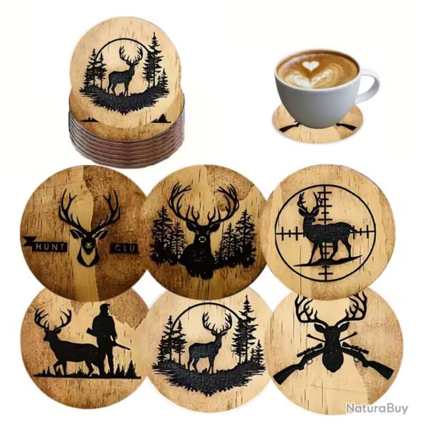 6 Sous-Verres en Bois Motif Chasse / ENCHERE 1 EURO