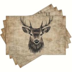4 Set de Table Motif CERF en LIN Tiss&eacute; / ENCHERE 1 EURO