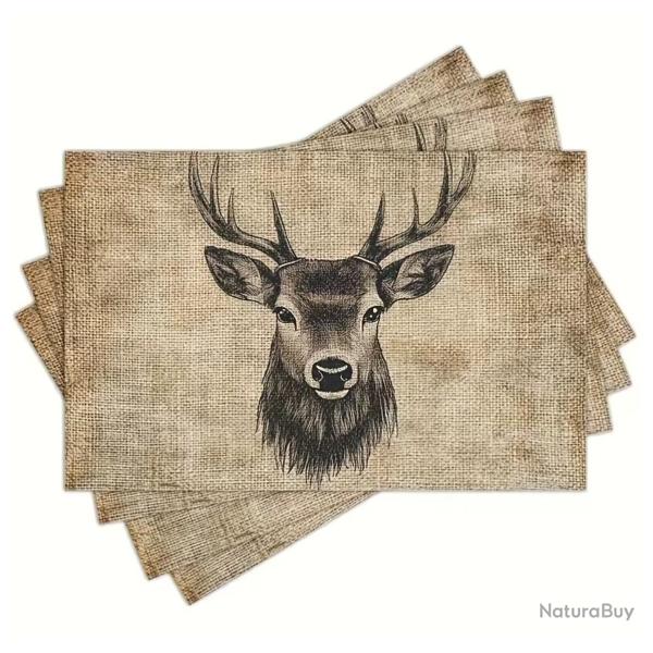 4 Set de Table Motif CERF en LIN Tiss� / ENCHERE 1 EURO
