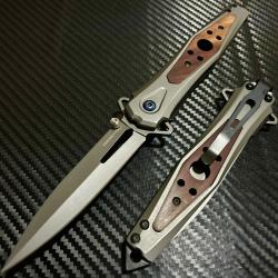 Couteau Semi Automatique ElitEdge Silver Needle Lame Dague Acier 440 Manche Acier/Bois Linerlock 01