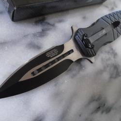 Couteau Semi-Automatique MTech Linerlock A/O Lame Dagger Acier 3Cr13MoV Manche Black Aluminum