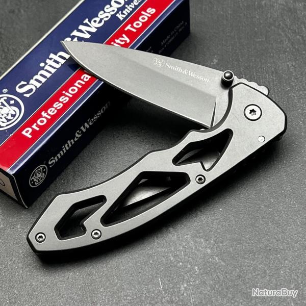 Couteau Smith&Wesson Framelock Large Lame Drop Point Titanium Finish Manche Skeletonized Aluminium