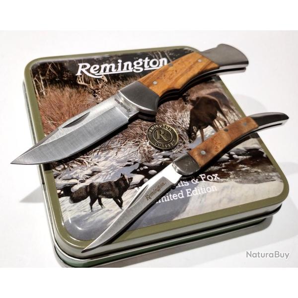 Coffret Cadeau 2 Couteaux Pliants Remington Whitetail & Fox Lame Acier Inox Manche Bois d'Olivier