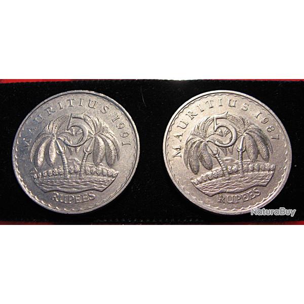 Mauritius , pieces de 5 rupees  1987 & 1991 ttb diametre 30,8 mm