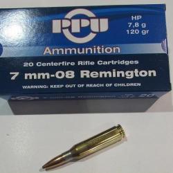 5 boites neuve de 20 cartouches Partizan  de calibre 7-08 rem, 120 grains, 7,8 grammes , ogives HP