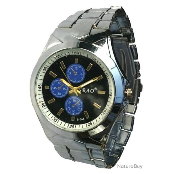Montre Homme Sport M�tal Fond Bleu Aiguilles Luminescentes