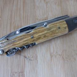 Ancien couteau pliant Vintage 6 pi&egrave;ces MAKINOX bois de cerf &agrave; pompe Thiers FRANCE TB ETAT