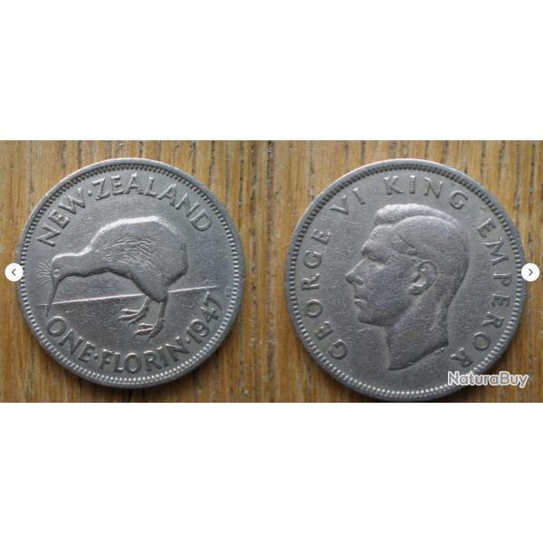 Nouvelle Zelande 1 Florin 1947 Piece Oiseau Dollars Dollar