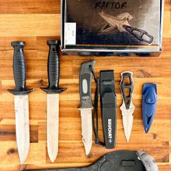Lot couteaux plong&eacute;e & survie - Beuchat Maximo Cougar + Aquatec Raptor complet + accessoires - colle