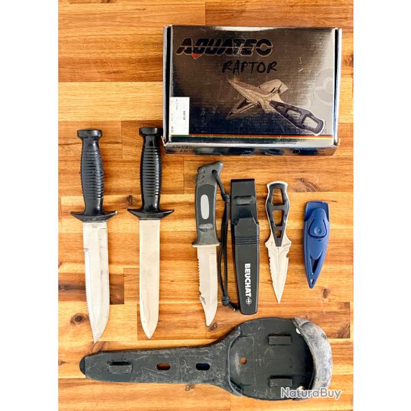 Lot couteaux plong�e & survie - Beuchat Maximo Cougar + Aquatec Raptor complet + accessoires - colle