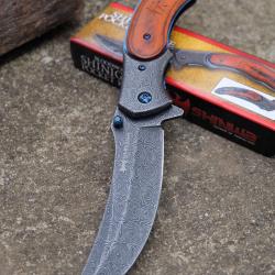 Couteau Scimitar Shinigami Lame Acier 3Cr13 Mitres Fa&ccedil;on Damas Manche Bois Liner Lock Clip