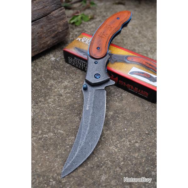 Couteau Scimitar Shinigami Lame Acier 3Cr13 Mitres Fa�on Damas Manche Bois Liner Lock Clip