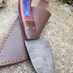 Skinner Couteau Damas Lame 256 Couches Sheepfoot Manche Bois Fabrication Artisanale Etui Cuir