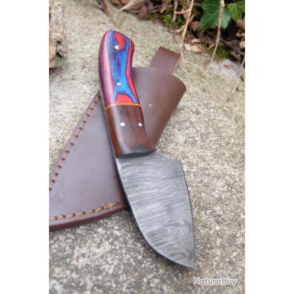 Skinner Couteau Damas Lame 256 Couches Sheepfoot Manche Bois Fabrication Artisanale Etui Cuir