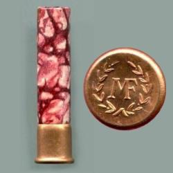 9 mm Flobert Manufrance - carton marbr&eacute;e rose/rouge - beau marquage MF couronne de lauriers