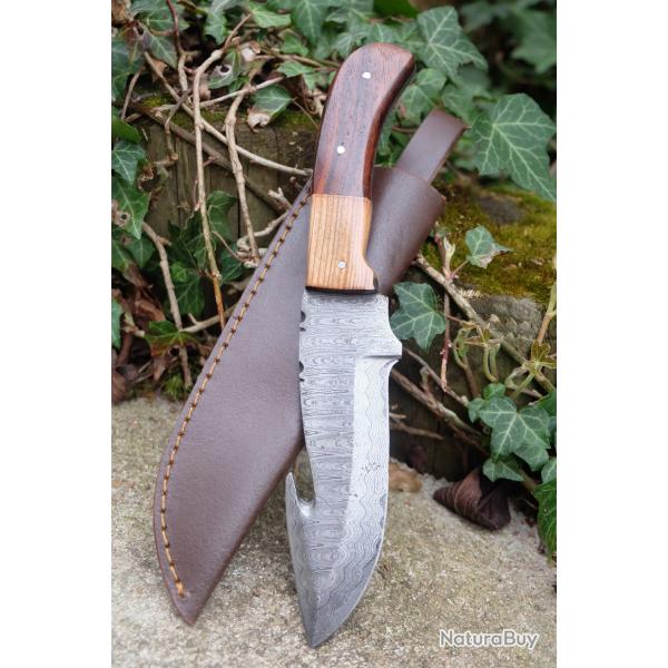 Guthook Couteau Damas Lame 256 Couches Crochet Manche Bois Fabrication Artisanale Etui Cuir