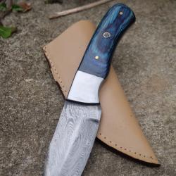 Skinner Couteau de Chasse Damas Lame 256 Couches Manche Bois/Acier Fabric Artisanale Etui Cuir