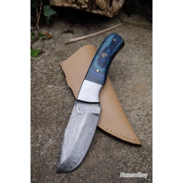 Skinner Couteau de Chasse Damas Lame 256 Couches Manche Bois/Acier Fabric Artisanale Etui Cuir