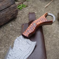 Couteau Karambit Lame Crochet Acier Damas 256 Couches Manche Bois Anneau Etui Cuir Fabr Artisanale