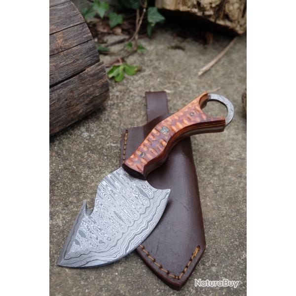 Couteau Karambit Lame Crochet Acier Damas 256 Couches Manche Bois Anneau Etui Cuir Fabr Artisanale