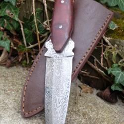 Couteau Dague Scottish Dirk Lame Fa&ccedil;on Damas 256 Couches Manche Bois Etui Cuir Fabric Artisanale