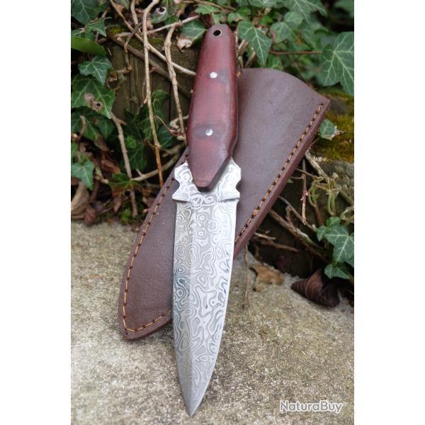 Couteau Dague Scottish Dirk Lame Fa�on Damas 256 Couches Manche Bois Etui Cuir Fabric Artisanale