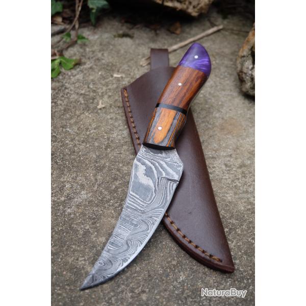 Couteau Skinner Damas Lame Upswept Acier 256 Couches Manche 2 Bois Etui Cuir Fabricat Artisanale