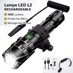 Lampe LED L2 Rechargeable 1600 Lumens Fixe Longue Port&eacute;e Rail 20mm Chasse Nocturne