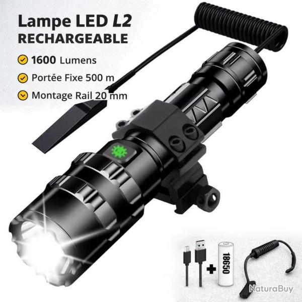 Lampe LED L2 Rechargeable 1600 Lumens Fixe Longue Port�e Rail 20mm Chasse Nocturne
