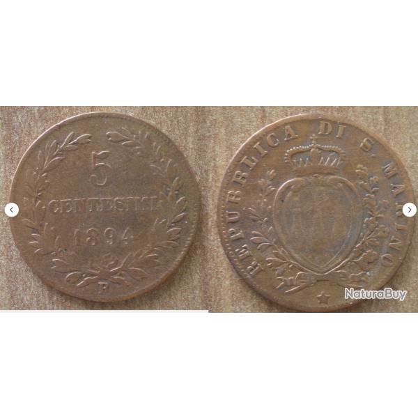 San Marin 5 Centimi 1894 Atelier R Piece Centimes De Lire San Marino