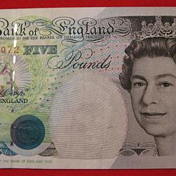 Angleterre, billet de five  pounds  1990  Elizabeth II  ttb