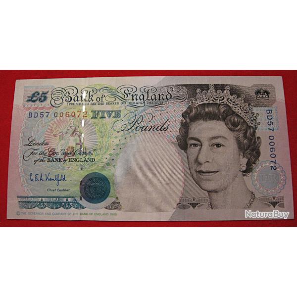Angleterre, billet de five  pounds  1990  Elizabeth II  ttb