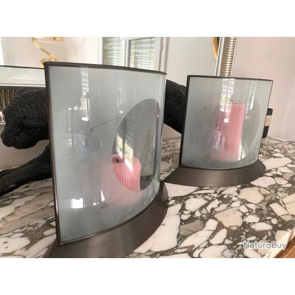 Photophores en pair, verre d�poli m�tal vieilli ann�es 90