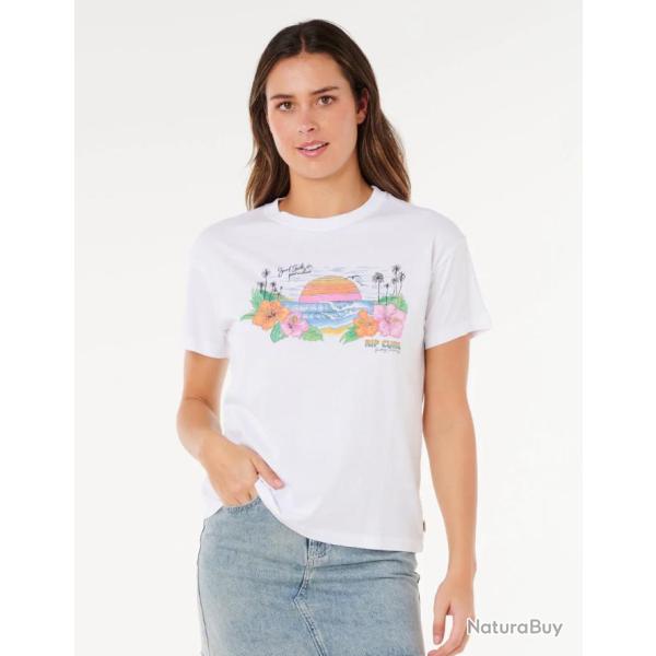 Tee Shirt Femme en Coton Rip Curl "SUN RAYS RELAXED TEE" XS Blanc