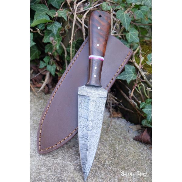 Couteau Dague Scottish Dirk Lame Damas 256 Couches Manche 2 Bois Etui Cuir Fabric Artisanale
