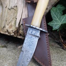 Couteau Poignard Lame Acier Damas 256 Couches Manche Os Garde Damas Etui Cuir Fabric Artisanale