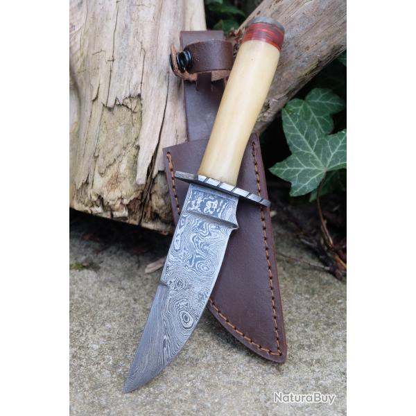 Couteau Poignard Lame Acier Damas 256 Couches Manche Os Garde Damas Etui Cuir Fabric Artisanale