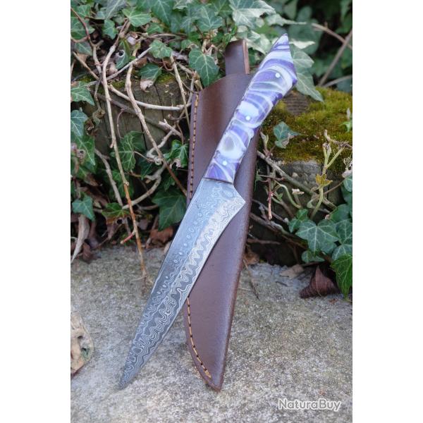 Skinner Couteau de Rando Cuisine Damas Lame 256 Couches Manche R�sine Fab Artisanale Etui SimiliCuir