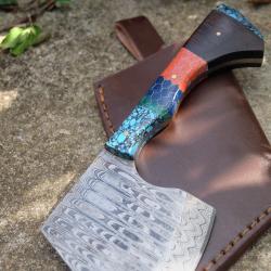 Couteau d'Esquimau Inuit Ulu Hachette Lame Acier Damas 256 Couches Manche Bois/R&eacute;sine Etui Artisanat